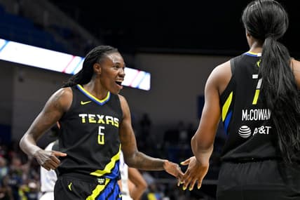 Jul 22, 2023; Arlington, Texas, USA; g6 and center Teaira McCowan (7) celebrate during the second half against the Los Angeles Sparks at College Park Center. Mandatory Credit: Jerome Miron-USA TODAY Sports