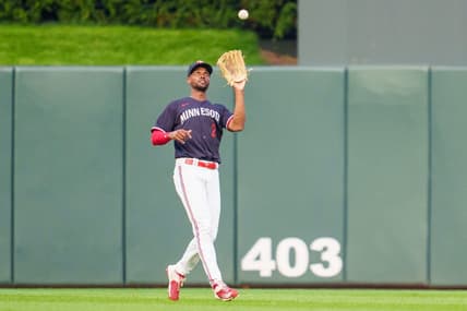 Jul 22, 2023; Minneapolis, Minnesota, USA; Minnesota Twins center fielder Michael A. Taylor (2) catches a ball hit by Chicago White Sox shortstop Tim Anderson (7) in the fifth inning at Target Field. Mandatory Credit: Matt Blewett-USA TODAY Sports