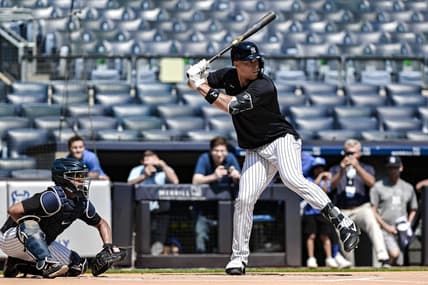 Jul 23, 2023; Bronx, New York, USA; New York Yankees right fielder Aaron Judge (99) takes batting practice with live pitching prior to the MLB game against the Kansas City Royals at Yankee Stadium. Mandatory Credit: John Jones-USA TODAY Sports