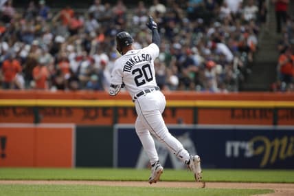 Jul 23, 2023; Detroit, Michigan, USA; Detroit Tigers infielder Spencer Torkelson (20) hits a home run during the first inning of the game against the San Diego Padres at Comerica Park. Mandatory Credit: Brian Bradshaw Sevald-USA TODAY Sports