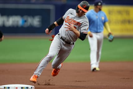 Jul 23, 2023; St. Petersburg, Florida, USA;  Baltimore Orioles third baseman Gunnar Henderson (2) rounds this base to score  Arun against the Tampa Bay Rays in the first inning at Tropicana Field. Mandatory Credit: Nathan Ray Seebeck-USA TODAY Sports
