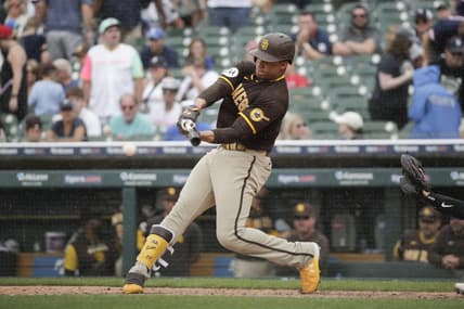 Jul 23, 2023; Detroit, Michigan, USA; San Diego Padres outfielder Juan Soto (22) bats during the ninth inning at Comerica Park. Mandatory Credit: Brian Bradshaw Sevald-USA TODAY Sports