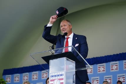 Jul 23, 2023; Cooperstown, NY, USA; Hall of Fame Inductee Scott Rolen makes his acceptance speech during the National Baseball Hall of Fame Induction Ceremony. Mandatory Credit: Gregory Fisher-USA TODAY Sports