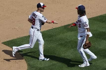 Jul 23, 2023; Washington, District of Columbia, USA; Washington Nationals right fielder Lane Thomas (28) celebrates with Nationals shortstop CJ Abrams (5) after their game San Francisco Giants at Nationals Park. Mandatory Credit: Geoff Burke-USA TODAY Sports