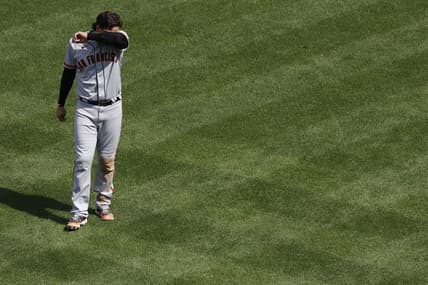 Jul 23, 2023; Washington, District of Columbia, USA; San Francisco Giants first baseman Wilmer Flores (41) reacts after being doubled up at first base Washington Nationals during the eighth inning at Nationals Park. Mandatory Credit: Geoff Burke-USA TODAY Sports