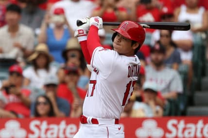 Jul 23, 2023; Anaheim, California, USA;  Los Angeles Angels designated hitter Shohei Ohtani (17) hits a home run during the first inning against the Pittsburgh Pirates at Angel Stadium. Mandatory Credit: Kiyoshi Mio-USA TODAY Sports