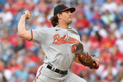 Jul 24, 2023; Philadelphia, Pennsylvania, USA; Baltimore Orioles starting pitcher Dean Kremer (64) throws a pitch during the first inning against the Philadelphia Phillies at Citizens Bank Park. Mandatory Credit: Eric Hartline-USA TODAY Sports
