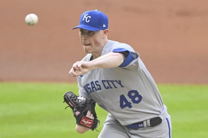 Jul 24, 2023; Cleveland, Ohio, USA; Kansas City Royals starting pitcher Ryan Yarbrough (48) delivers a pitch in the first inning against the Cleveland Guardians at Progressive Field. Mandatory Credit: David Richard-USA TODAY Sports