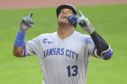 Jul 24, 2023; Cleveland, Ohio, USA; Kansas City Royals catcher Salvador Perez (13) celebrates his two-run home run in the fifth inning against the Cleveland Guardians at Progressive Field. Mandatory Credit: David Richard-USA TODAY Sports