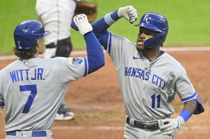 Jul 24, 2023; Cleveland, Ohio, USA; Kansas City Royals third baseman Maikel Garcia (11) celebrates his solo home run with shortstop Bobby Witt Jr. (7) in the seventh inning against the Cleveland Guardians at Progressive Field. Mandatory Credit: David Richard-USA TODAY Sports