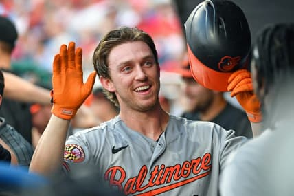 Jul 24, 2023; Philadelphia, Pennsylvania, USA; Baltimore Orioles second baseman Jordan Westburg (11) celebrates his home run during the second inning against the Philadelphia Phillies at Citizens Bank Park. Mandatory Credit: Eric Hartline-USA TODAY Sports