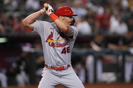 iJul 24, 2023; Phoenix, Arizona, USA; St. Louis Cardinals first baseman Paul Goldschmidt (46) bats against the Arizona Diamondbacks during the first inning at Chase Field. Mandatory Credit: Joe Camporeale-USA TODAY Sports