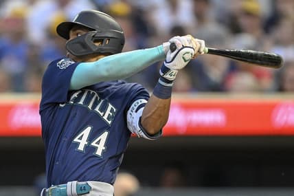 Jul 24, 2023; Minneapolis, Minnesota, USA;  Seattle Mariners infielder Julio Rodriguez (44) hits a single against the Minnesota Twins during the eighth inning at Target Field. Mandatory Credit: Nick Wosika-USA TODAY Sports