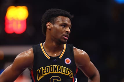 Mar 28, 2023; Houston, TX, USA; West guard Bronny James (6) during the McDonald's All American Boy's high school basketball game at Toyota Center. Mandatory Credit: Mark J. Rebilas-USA TODAY Sports