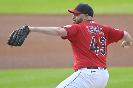 Jul 25, 2023; Cleveland, Ohio, USA; Cleveland Guardians starting pitcher Aaron Civale (43) delivers a pitch in the first inning against the Kansas City Royals at Progressive Field. Mandatory Credit: David Richard-USA TODAY Sports