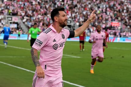 Jul 25, 2023; Fort Lauderdale, FL, USA; Inter Miami CF forward Lionel Messi (10) celebrates after scoring a goal in the first half against the Atlanta United at DRV PNK Stadium. Mandatory Credit: Jasen Vinlove-USA TODAY Sports