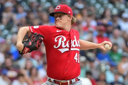 Jul 25, 2023; Milwaukee, Wisconsin, USA; Cincinnati Reds pitcher Andrew Abbott (41) pitches against the Milwaukee Brewers in the first inning at American Family Field. Mandatory Credit: Benny Sieu-USA TODAY Sports