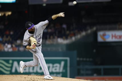 Jul 25, 2023; Washington, District of Columbia, USA; Colorado Rockies starting pitcher Austin Gomber (26) pitches against the Washington Nationals during the first inning at Nationals Park. Mandatory Credit: Geoff Burke-USA TODAY Sports