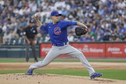 Jul 25, 2023; Chicago, Illinois, USA; Chicago Cubs starting pitcher Kyle Hendricks (28) delivers a pitch against the Chicago White Sox during the first inning at Guaranteed Rate Field. Mandatory Credit: Kamil Krzaczynski-USA TODAY Sports