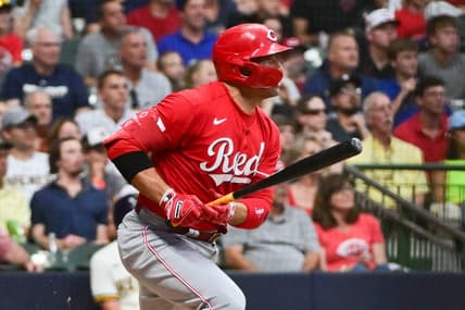 Jul 25, 2023; Milwaukee, Wisconsin, USA; Cincinnati Reds first baseman Joey Votto (19) drives in a run with a base hit in the fourth inning against the Milwaukee Brewers at American Family Field. Mandatory Credit: Benny Sieu-USA TODAY Sports