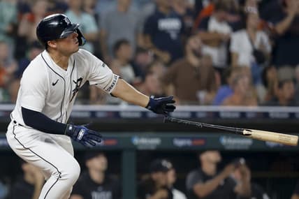 Jul 25, 2023; Detroit, Michigan, USA;  Detroit Tigers first baseman Spencer Torkelson (20) hits a two RBI ground rule double in the ninth inning against the Los Angeles Angels at Comerica Park. Mandatory Credit: Rick Osentoski-USA TODAY Sports