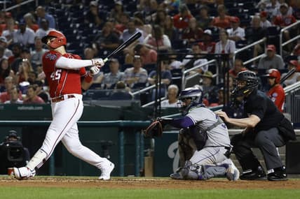 Jul 25, 2023; Washington, District of Columbia, USA; Washington Nationals designated hitter Joey Meneses (45) doubled against the Colorado Rockies during the fourth inning at Nationals Park. Mandatory Credit: Geoff Burke-USA TODAY Sports