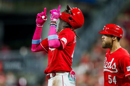 Jul 18, 2023; Cincinnati, Ohio, USA; Cincinnati Reds shortstop Elly De La Cruz (44) reacts after hitting a single in the fifth inning against the San Francisco Giants at Great American Ball Park. Mandatory Credit: Katie Stratman-USA TODAY Sports