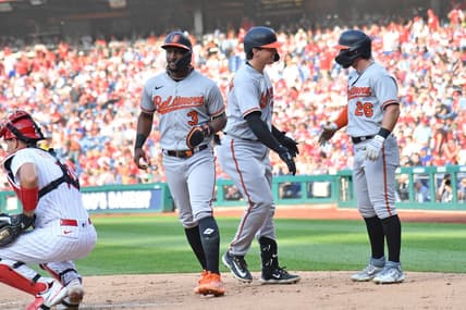 Jul 26, 2023; Philadelphia, Pennsylvania, USA; Baltimore Orioles catcher Adley Rutschman (35) celebrates his three run home run with shortstop Jorge Mateo (3) and outfielder Ryan McKenna (26) during the third inning against the Philadelphia Phillies at Citizens Bank Park. Mandatory Credit: Eric Hartline-USA TODAY Sports