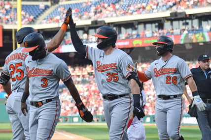 Jul 26, 2023; Philadelphia, Pennsylvania, USA; Baltimore Orioles catcher Adley Rutschman (35) celebrates his home run with teammates during the third inning against the Philadelphia Phillies at Citizens Bank Park. Mandatory Credit: Eric Hartline-USA TODAY Sports