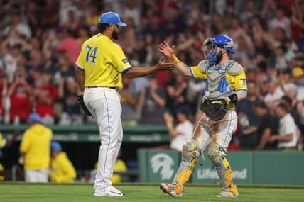 Jul 26, 2023; Boston, Massachusetts, USA; Boston Red Sox relief pitcher Kenley Jansen (74) and Boston Red Sox catcher Connor Wong (12) celebrate after defeating the Atlanta Braves at Fenway Park. Mandatory Credit: Paul Rutherford-USA TODAY Sports