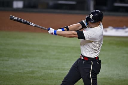 Jul 21, 2023; Arlington, Texas, USA; Texas Rangers shortstop Corey Seager (5) in action during the game between the Texas Rangers and the Los Angeles Dodgers at Globe Life Field. Mandatory Credit: Jerome Miron-USA TODAY Sports