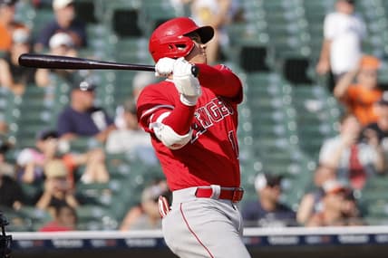 Jul 27, 2023; Detroit, Michigan, USA;  Los Angeles Angels starting pitcher Shohei Ohtani (17) hits a home run in the fourth inning against the Detroit Tigers at Comerica Park. Mandatory Credit: Rick Osentoski-USA TODAY Sports