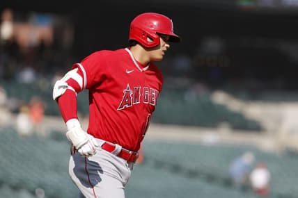 Jul 27, 2023; Detroit, Michigan, USA;  Los Angeles Angels starting pitcher Shohei Ohtani (17) runs the bases after he hits a home run in the fourth inning against the Detroit Tigers at Comerica Park. Mandatory Credit: Rick Osentoski-USA TODAY Sports