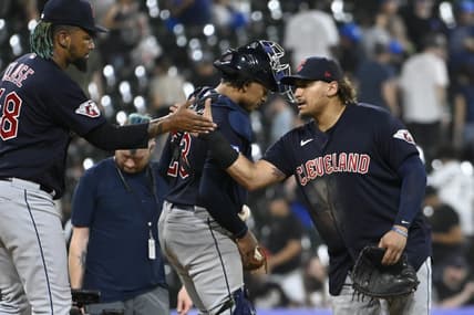 Jul 27, 2023; Chicago, Illinois, USA; Cleveland Guardians relief pitcher Emmanuel Clase (48) high fives first baseman Josh Naylor (22) after the game against the Chicago White Sox at Guaranteed Rate Field. Mandatory Credit: Matt Marton-USA TODAY Sports
