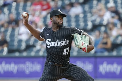 Jul 28, 2023; Chicago, Illinois, USA; Chicago White Sox starting pitcher Touki Toussaint (47) delivers a pitch against the Cleveland Guardians during the first inning at Guaranteed Rate Field. Mandatory Credit: Kamil Krzaczynski-USA TODAY Sports