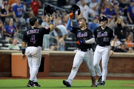 Jul 28, 2023; New York City, New York, USA; New York Mets first baseman Pete Alonso (20) celebrates his three run home run against the Washington Nationals with catcher Francisco Alvarez (4) and third baseman Brett Baty (22) during the fifth inning at Citi Field. Mandatory Credit: Brad Penner-USA TODAY Sports