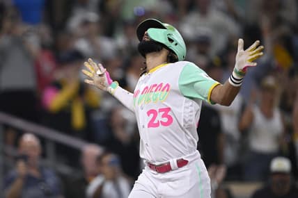 Jul 28, 2023; San Diego, California, USA; San Diego Padres right fielder Fernando Tatis (23) celebrates after hitting a home run against the Texas Rangers during the fifth inning at Petco Park. Mandatory Credit: Orlando Ramirez-USA TODAY Sports