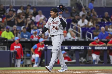 Jul 29, 2023; Miami, Florida, USA; Detroit Tigers designated hitter Miguel Cabrera (24) reacts after crossing home plate against the Miami Marlins during the second inning at loanDepot Park. Mandatory Credit: Sam Navarro-USA TODAY Sports