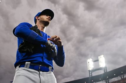 Jul 29, 2023; St. Louis, Missouri, USA;  Chicago Cubs first baseman Cody Bellinger (24) walks off the field after the first inning against the St. Louis Cardinals at Busch Stadium. Mandatory Credit: Jeff Curry-USA TODAY Sports