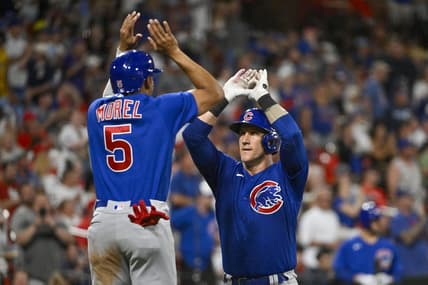 Jul 29, 2023; St. Louis, Missouri, USA;  Chicago Cubs catcher Yan Gomes (15) celebrates with designated hitter Christopher Morel (5) after hitting a two run home run against the St. Louis Cardinals during the fourth inning at Busch Stadium. Mandatory Credit: Jeff Curry-USA TODAY Sports