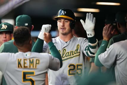Jul 29, 2023; Denver, Colorado, USA; Oakland Athletics designated hitter Brent Rooker (25) following his sacrifice fly scoring run in the sixth inning against the Colorado Rockies at Coors Field. Mandatory Credit: Ron Chenoy-USA TODAY Sports