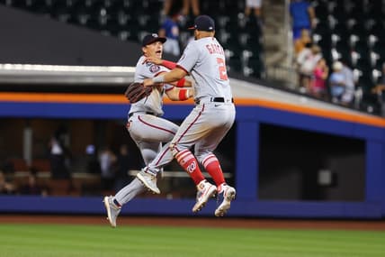 Jul 29, 2023; New York City, New York, USA; Washington Nationals center fielder Alex Call (17) celebrates with second baseman Luis Garcia (2) after defeating the New York Mets at Citi Field. Mandatory Credit: Vincent Carchietta-USA TODAY Sports