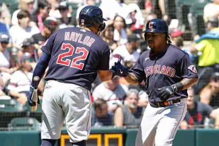 Jul 30, 2023; Chicago, Illinois, USA; Cleveland Guardians third baseman Jose Ramirez (11) celebrates with first baseman Josh Naylor (22) after hitting a solo home run against the Chicago White Sox during the fifth inning at Guaranteed Rate Field. Mandatory Credit: Kamil Krzaczynski-USA TODAY Sports