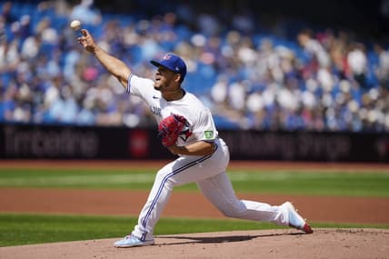 Jul 30, 2023; Toronto, Ontario, CAN; Toronto Blue Jays starting pitcher Jose Berrios (17) pitches to the Los Angeles Angels during the first inning at Rogers Centre. Mandatory Credit: John E. Sokolowski-USA TODAY Sports