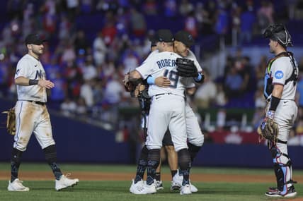Jul 30, 2023; Miami, Florida, USA; Miami Marlins right fielder Avisail Garcia (24) celebrates with relief pitcher David Robertson (19) after defeating the Detroit Tigers at loanDepot Park. Mandatory Credit: Sam Navarro-USA TODAY Sports