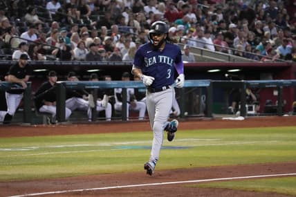 Jul 30, 2023; Phoenix, Arizona, USA; Seattle Mariners shortstop J.P. Crawford (3) runs the bases after hitting a solo home run against the Arizona Diamondbacks during the second inning at Chase Field. Mandatory Credit: Joe Camporeale-USA TODAY Sports