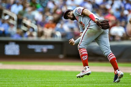 Jul 30, 2023; New York City, New York, USA; Washington Nationals second baseman Luis Garcia (2) fields a ground ball by New York Mets center fielder Brandon Nimmo (not pictured) but is unable to make a play during the eighth inning at Citi Field. Mandatory Credit: John Jones-USA TODAY Sports