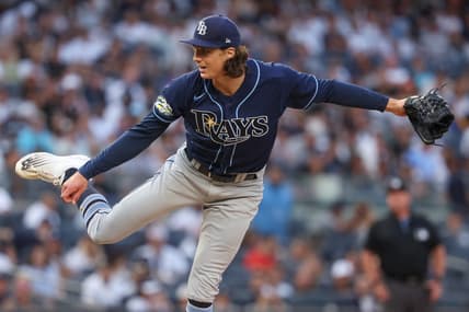 Jul 31, 2023; Bronx, New York, USA; Tampa Bay Rays starting pitcher Tyler Glasnow (20) delivers a pitch during the first inning against the New York Yankees at Yankee Stadium. Mandatory Credit: Vincent Carchietta-USA TODAY Sports