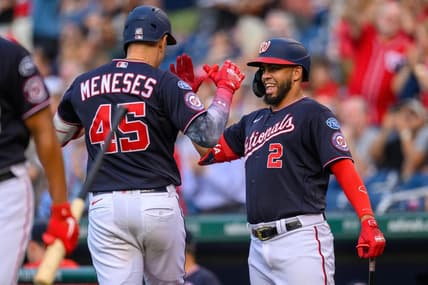 Jul 31, 2023; Washington, District of Columbia, USA; Washington Nationals designated hitter Joey Meneses (45) celebrates with Washington Nationals second baseman Luis Garcia (2) after hitting a home run during the second inning against the Milwaukee Brewers at Nationals Park. Mandatory Credit: Reggie Hildred-USA TODAY Sports
