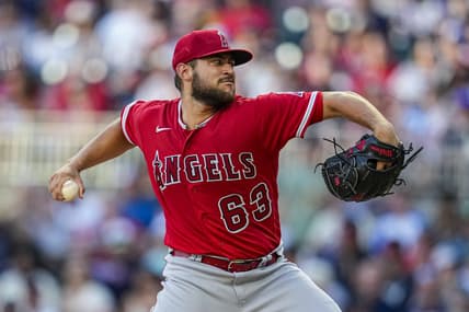 Jul 31, 2023; Cumberland, Georgia, USA; Los Angeles Angels starting pitcher Chase Silseth (63) pitches against the Atlanta Braves during the first inning at Truist Park. Mandatory Credit: Dale Zanine-USA TODAY Sports